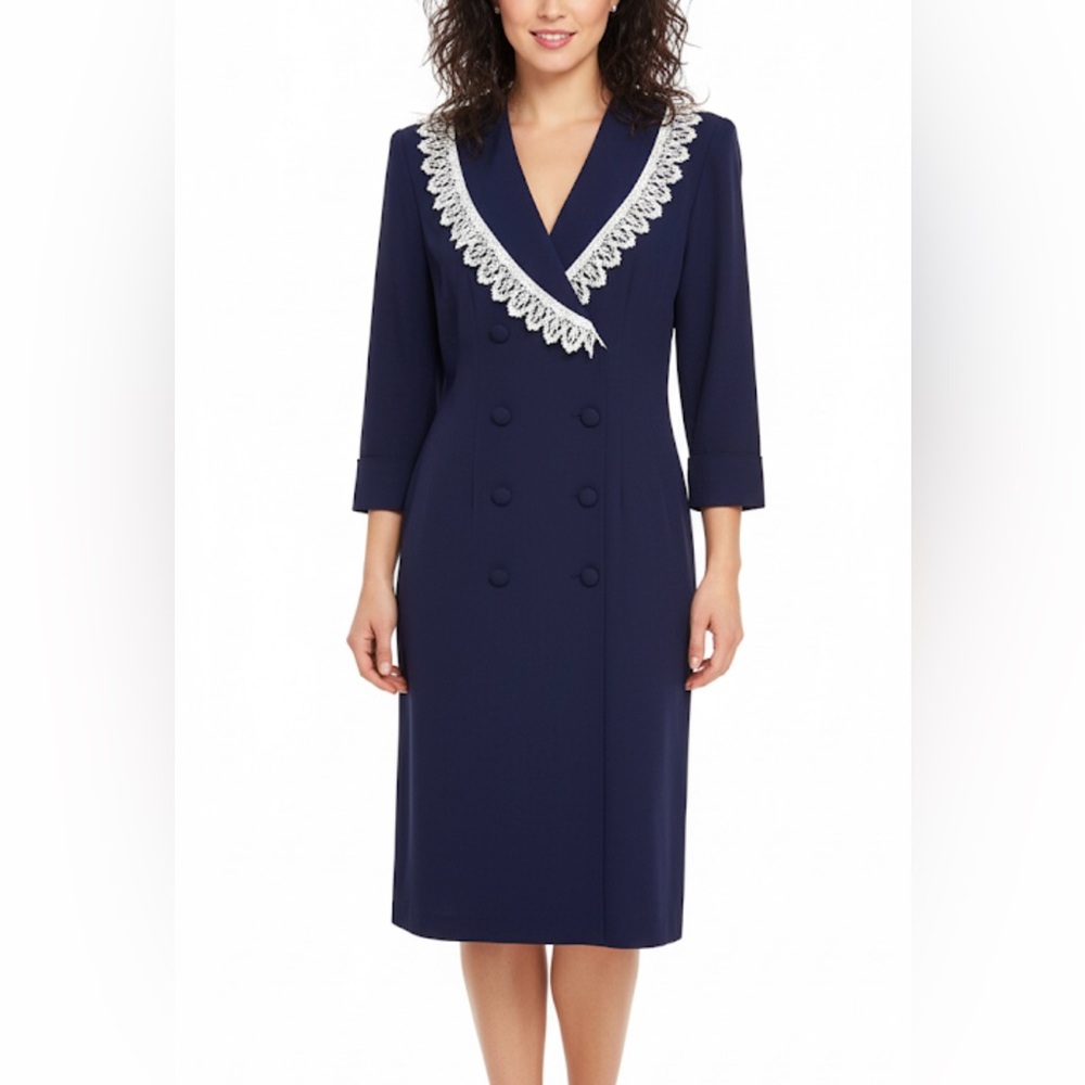 Vintage 80s Paris Sport Club Elegant Navy White Lace Collar Midi Dress Sz M